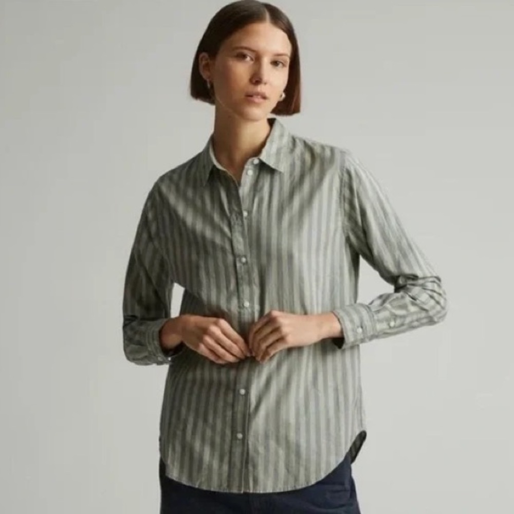 Everlane Silky Cotton Button Down - Sage Green Stripe
